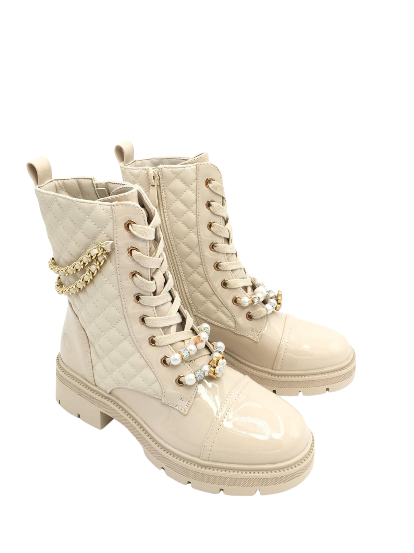 Detail Lack Stiefel Beige – Elegante Damen-Winterstiefel in Lackoptik