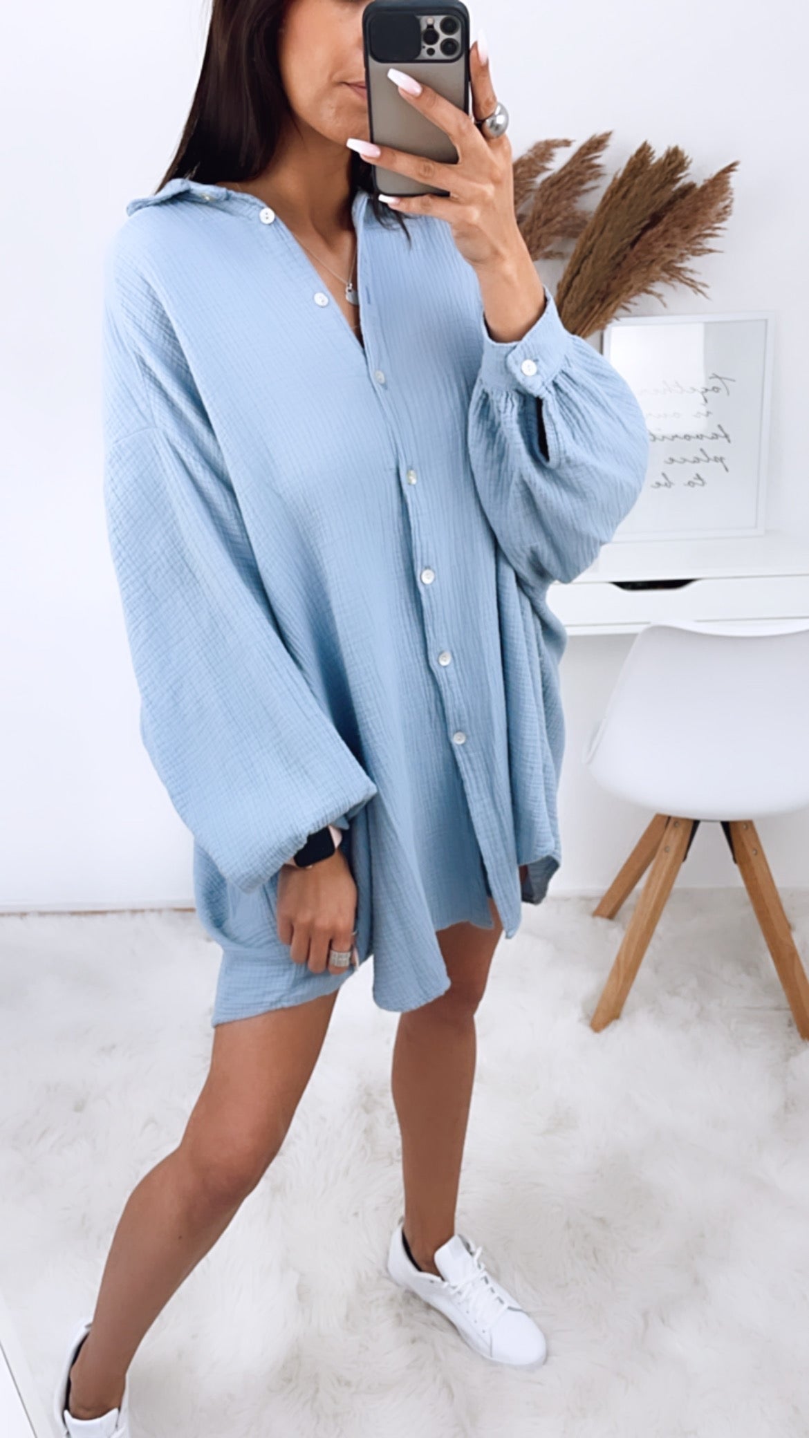 Lange Oversize Musselin Bluse in Taubenblau – Sanfte Eleganz | MUSSELIN LIEBE