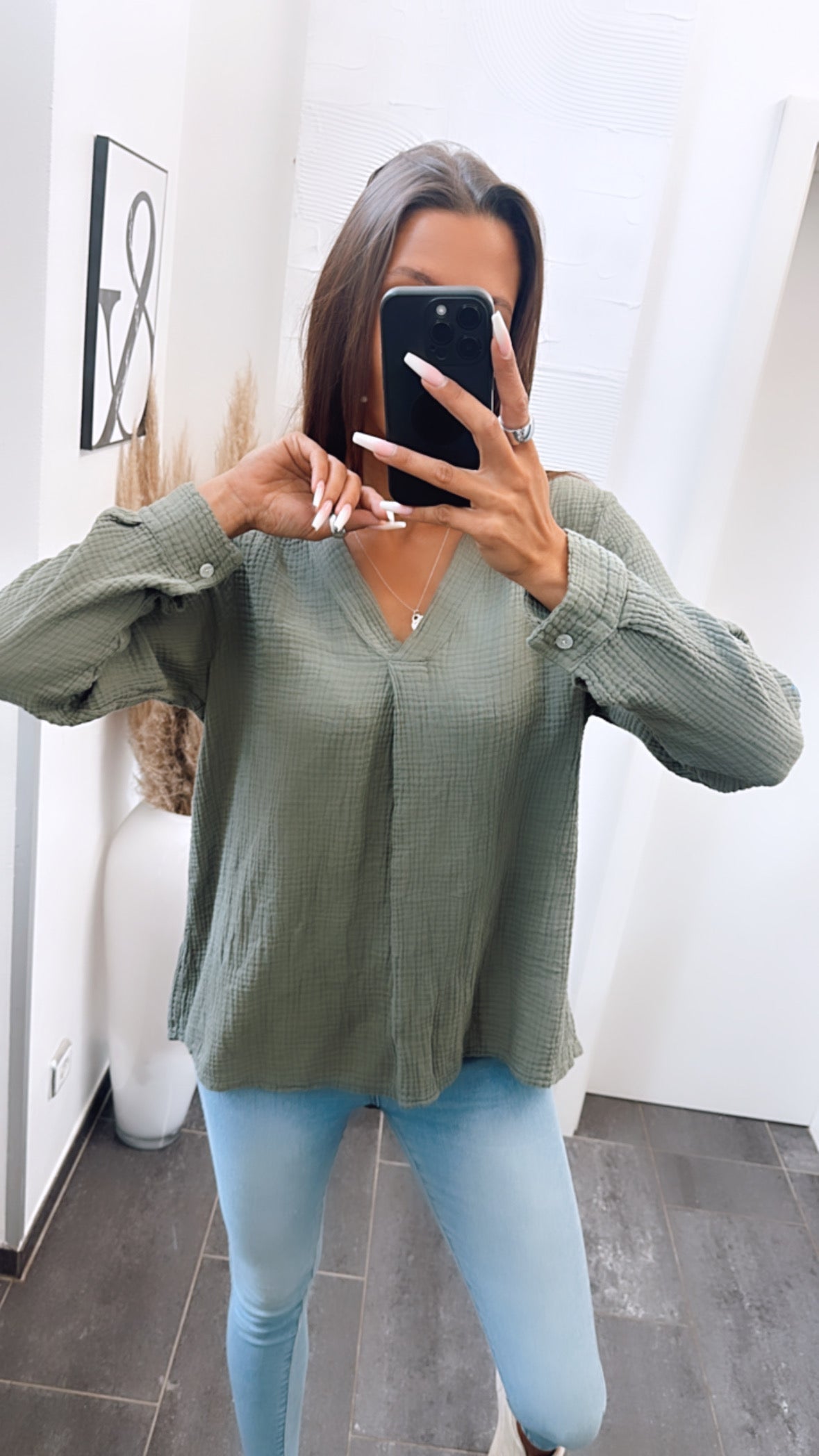 Musselin Bluse ohne Knöpfe in Khaki – Natürliche Sophistication | MUSSELIN LIEBE