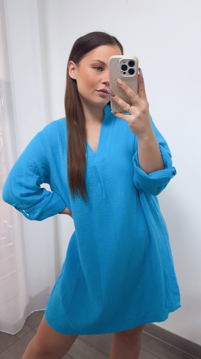 Musselin Blusenkleid mit V-Ausschnitt in Azur Blau – Sommerliche Eleganz | MUSSELIN LIEBE