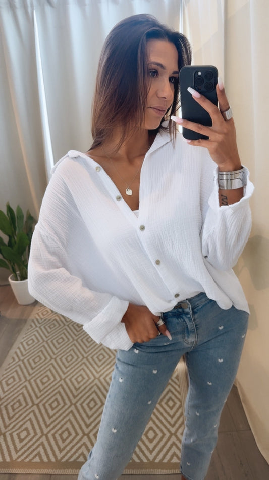 Kurze Oversize Musselin Bluse in Weiss – Puristische Leichtigkeit | MUSSELIN LIEBE