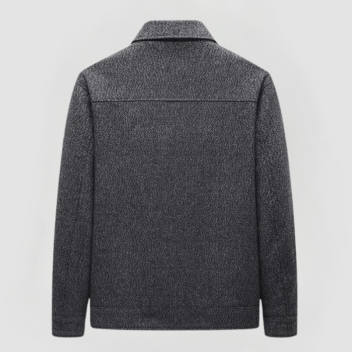 Herren Wolljacke in Dunkelgrau, Rückansicht, strukturierter Stoff, minimalistisches Design