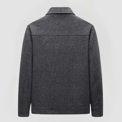 Herren Wolljacke in Dunkelgrau, Rückansicht, strukturierter Stoff, minimalistisches Design