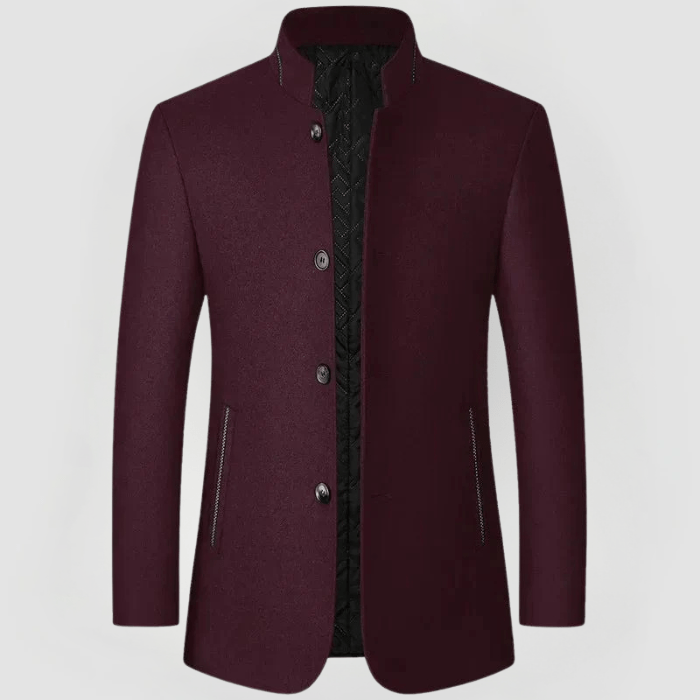 Herren Mantel bordeaux Stehkragen elegant mit Knöpfen und Seitentaschen