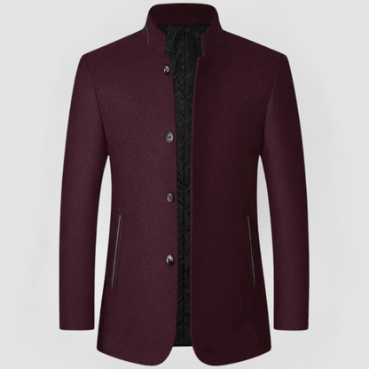 Herren Mantel bordeaux Stehkragen elegant mit Knöpfen und Seitentaschen