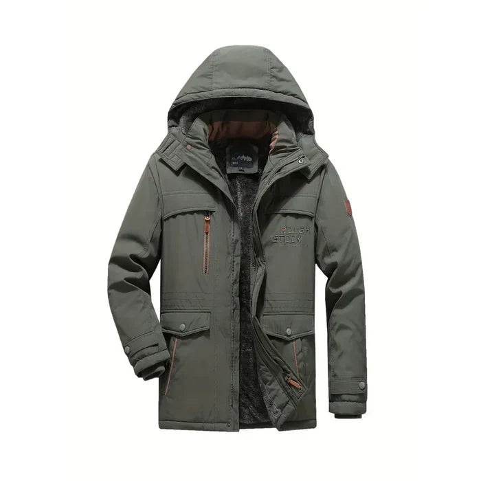 Grüne Winterjacke mit Kapuze, mehreren Taschen und Reißverschluss, Outdoor Herrenjacke
