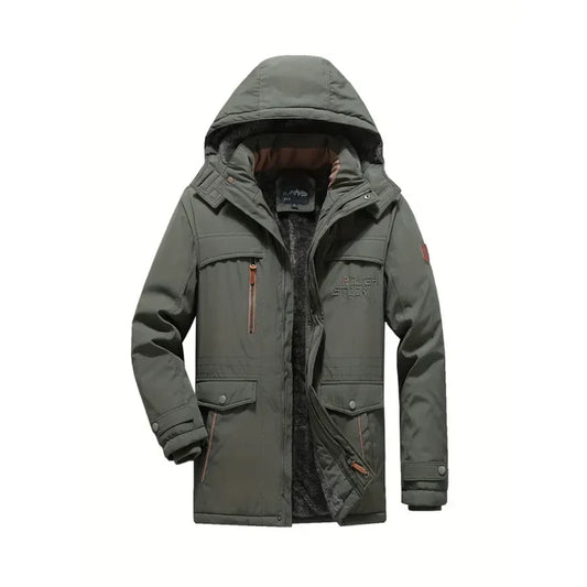 Grüne Winterjacke mit Kapuze, mehreren Taschen und Reißverschluss, Outdoor Herrenjacke