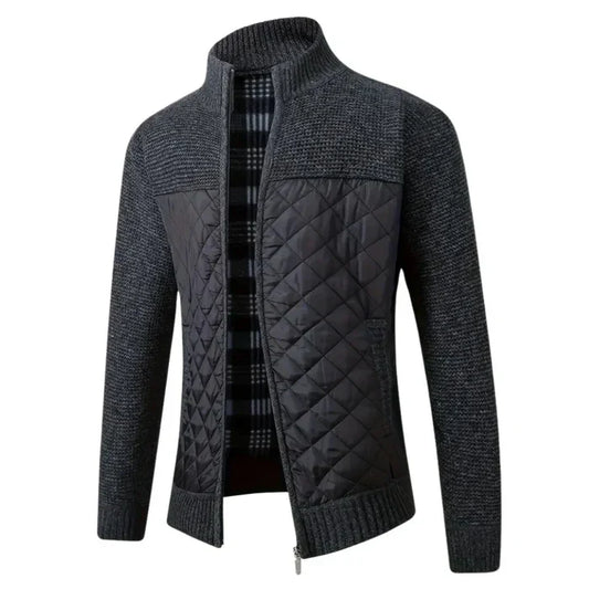 Herren Strickjacke mit dunkelgrauen Ärmeln und gesteppter Vorderseite, kariertes Innenfutter