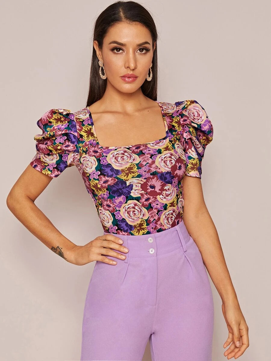 Privé - Square Neck Puff Sleeve Bluse Damen Blumendruck