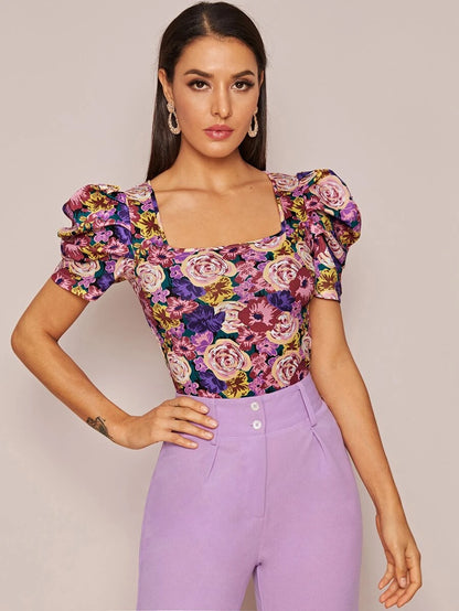 Privé - Square Neck Puff Sleeve Bluse Damen Blumendruck