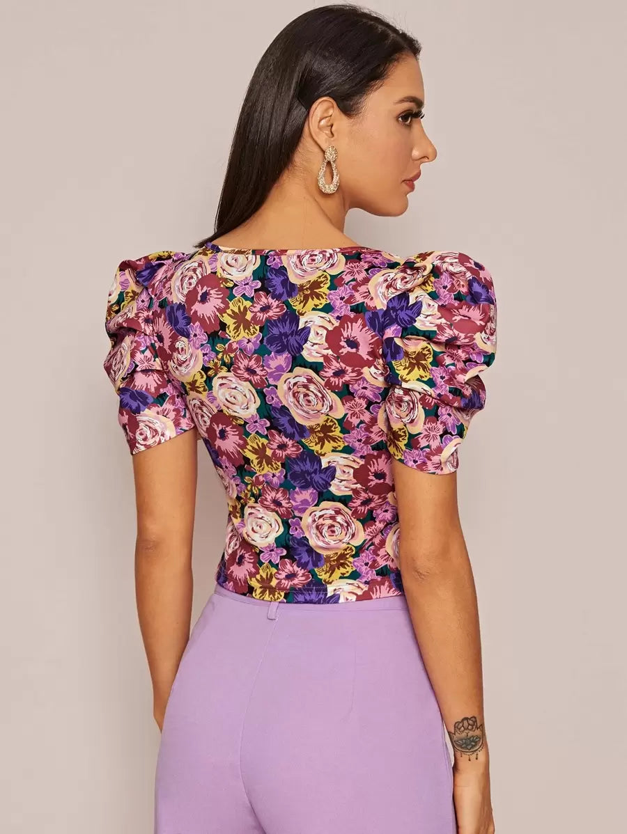 Privé - Square Neck Puff Sleeve Bluse Damen Blumendruck