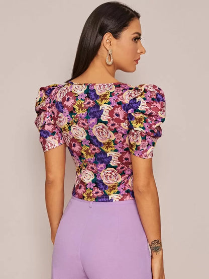 Privé - Square Neck Puff Sleeve Bluse Damen Blumendruck