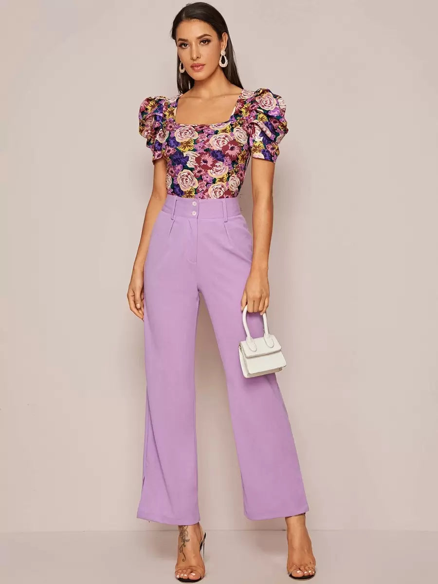Privé - Square Neck Puff Sleeve Bluse Damen Blumendruck