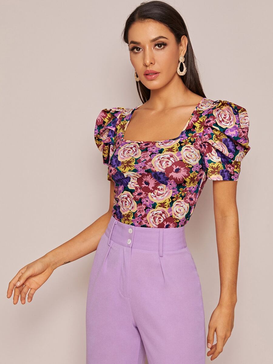 Privé - Square Neck Puff Sleeve Bluse Damen Blumendruck
