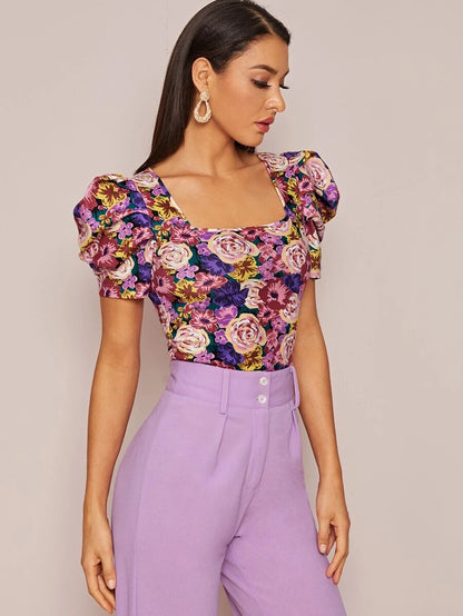 Privé - Square Neck Puff Sleeve Bluse Damen Blumendruck