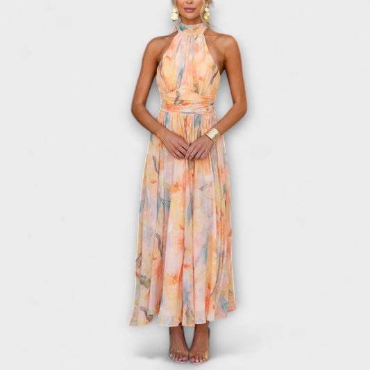 Halter-Neck Aquarell Print Maxi Kleid – Künstlerische Eleganz | Salzburg Mode