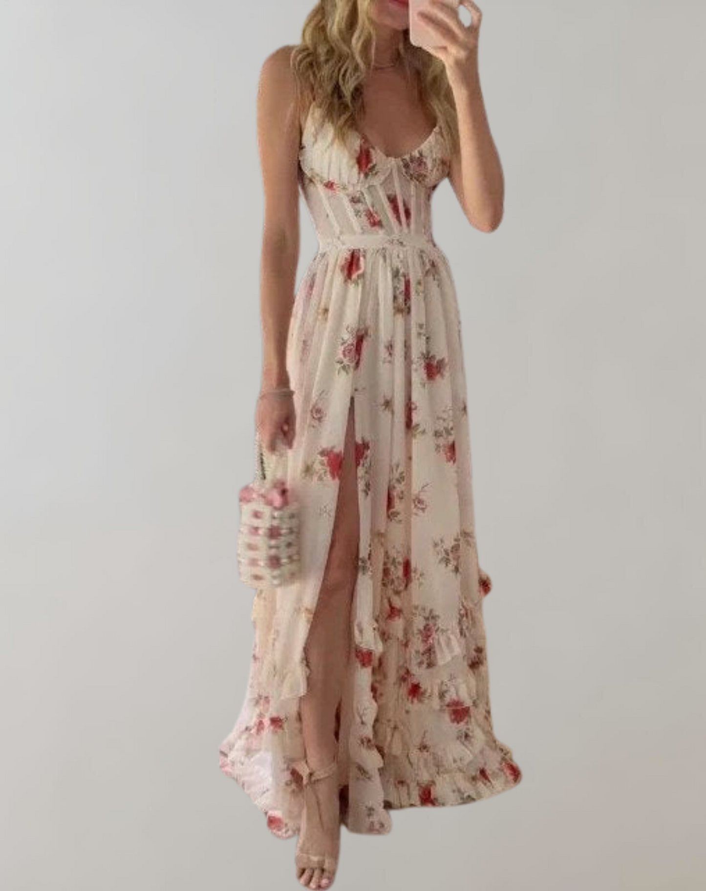 Elva - Ärmelloses, tailliertes Kleid mit Blumendruck und sexy Beinausschnitt