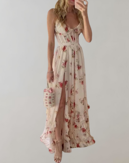 Elva - Ärmelloses, tailliertes Kleid mit Blumendruck und sexy Beinausschnitt
