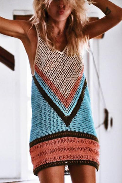 Tia - Rosiedress Farbblock Aushöhlen Strand Cover Up