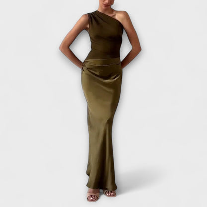 Elegantes Ein-Schulter Falten Maxi Kleid – Dramatische Eleganz | Salzburg Mode