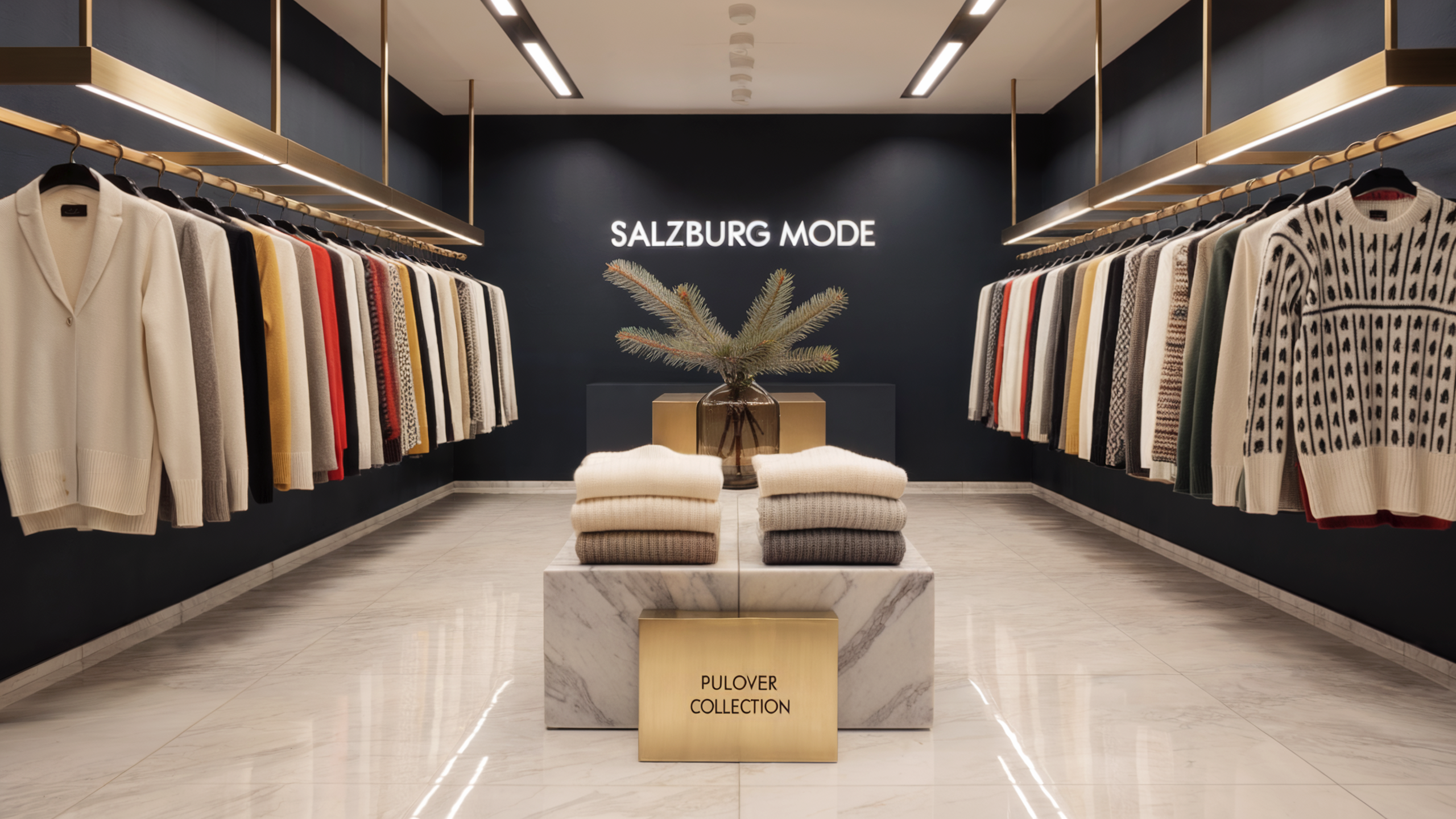 Ein eleganter Blick auf die 'Salzburg Mode' Boutique, die die neue Kollektion an Damenpullovern präsentiert.