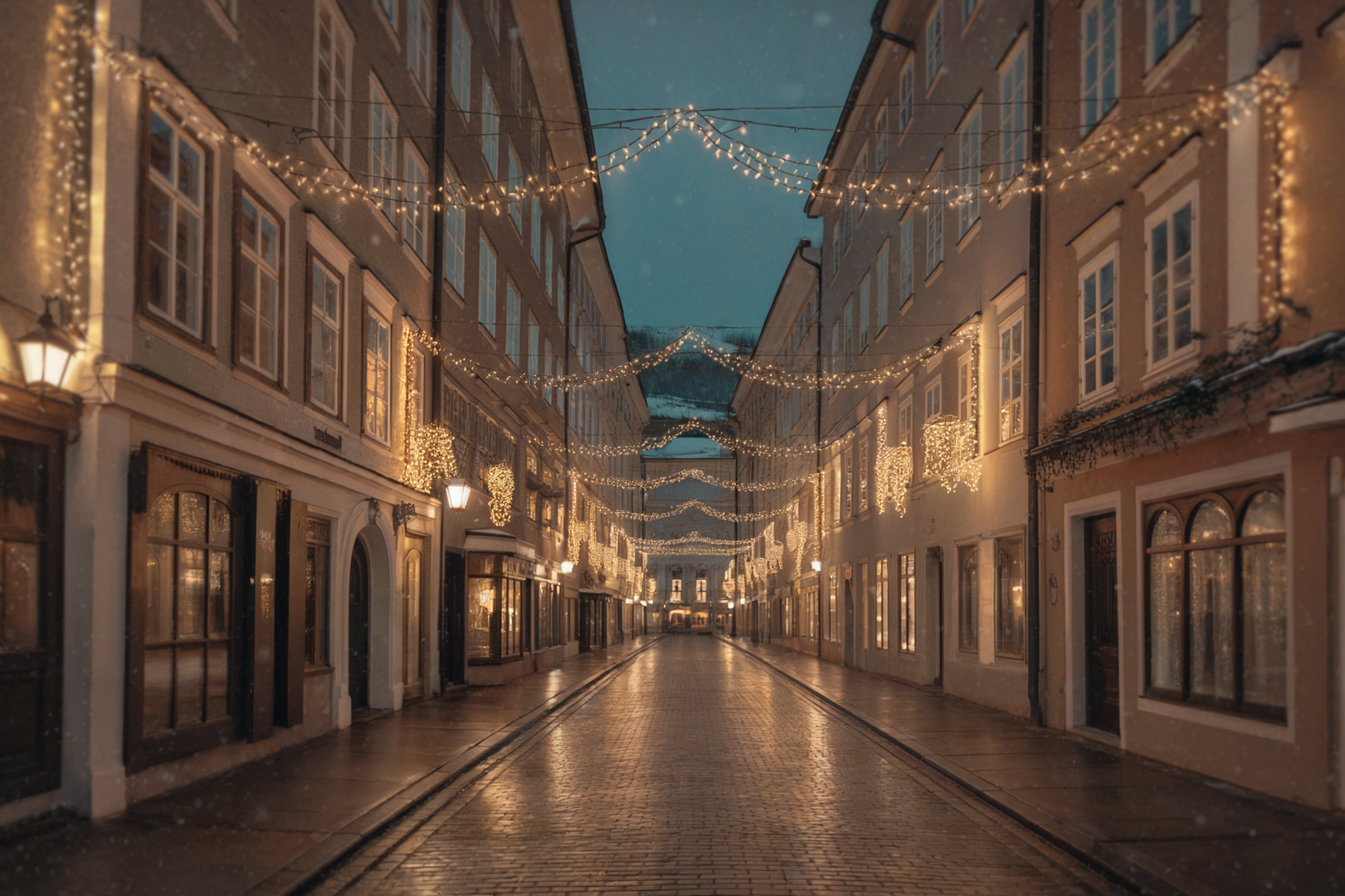 Eine stimmungsvolle, festliche Straße in Salzburg bei Nacht, beleuchtet von warmen Lichtern - Salzburg Mode