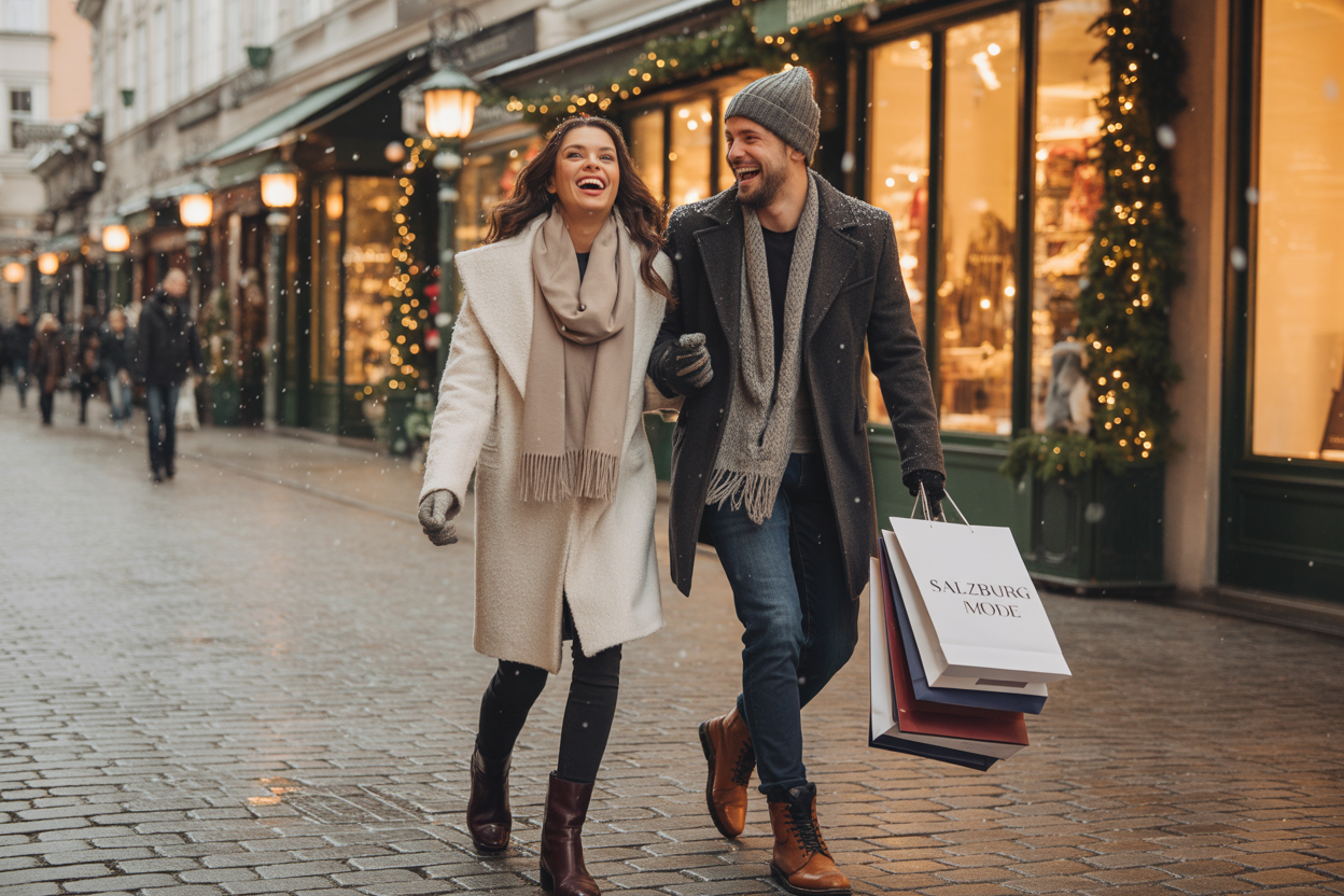 Ein stilvolles Pärchen in warmer Wintermode lächelt in die Kamera auf einer festlichen Straße in Salzburg - Salzburg Mode