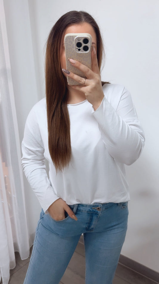 Baumwoll Basic Langarm-Oberteil – Weiß