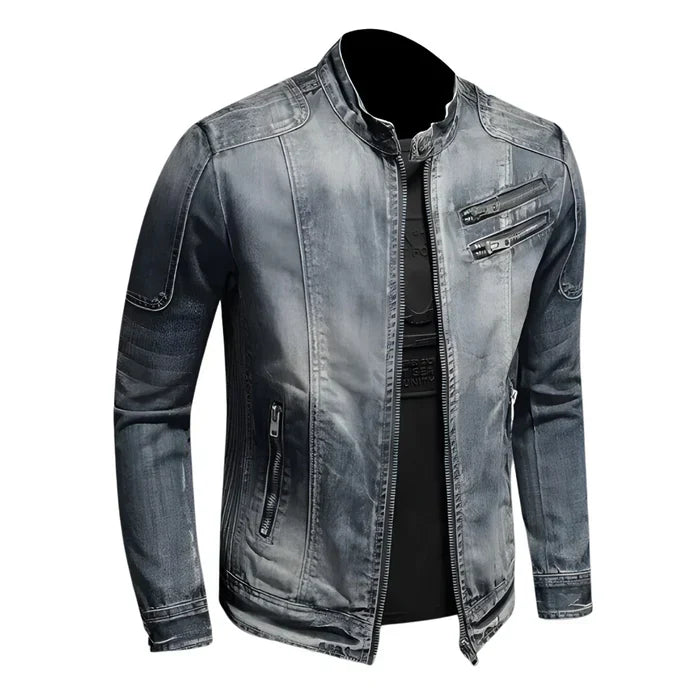 Herren Biker Jeansjacke in Grau mit Reißverschlüssen, Stehkragen und Used-Look