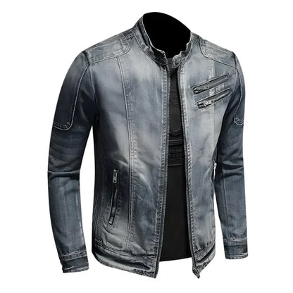 Herren Biker Jeansjacke in Grau mit Reißverschlüssen, Stehkragen und Used-Look