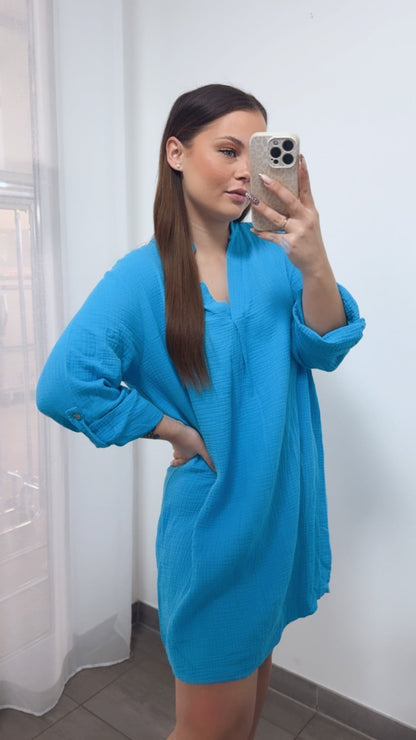 Musselin Blusenkleid mit V-Ausschnitt in Azur Blau – Sommerliche Eleganz | MUSSELIN LIEBE