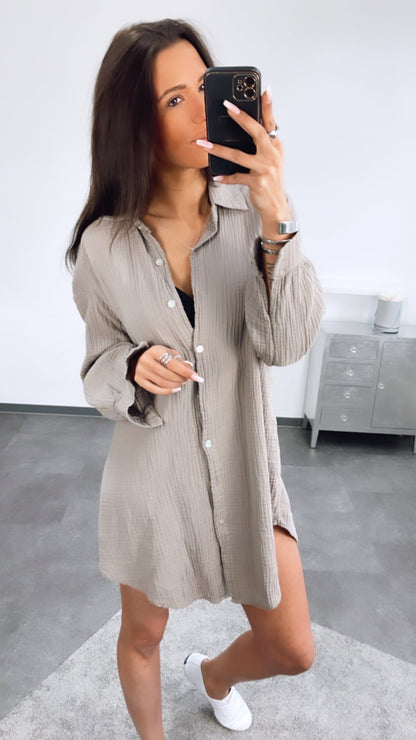 Lange Oversize Musselin Bluse in Schlamm – Erdige Eleganz | MUSSELIN LIEBE