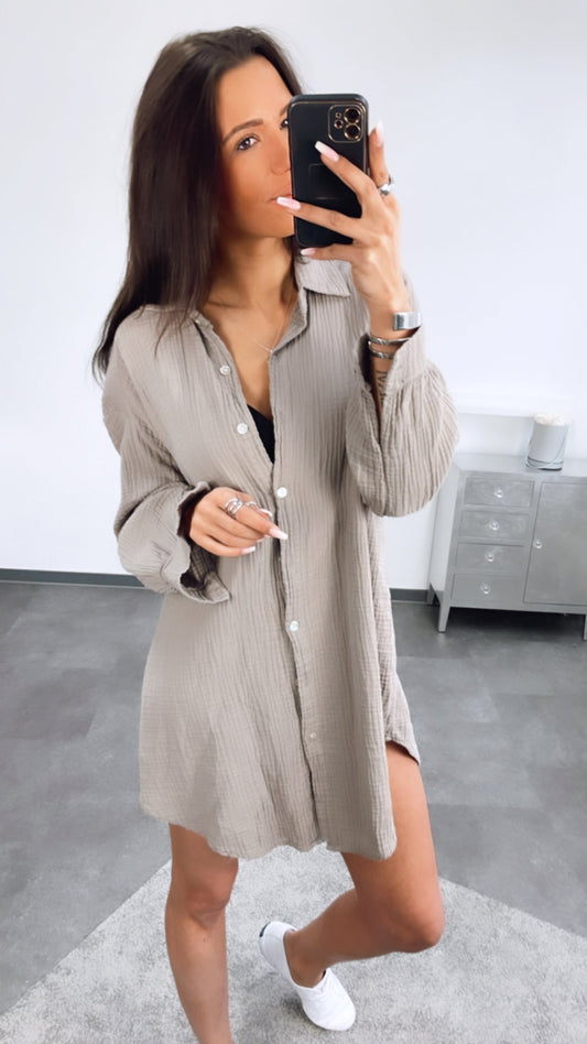 Lange Oversize Musselin Bluse in Schlamm – Erdige Eleganz | MUSSELIN LIEBE