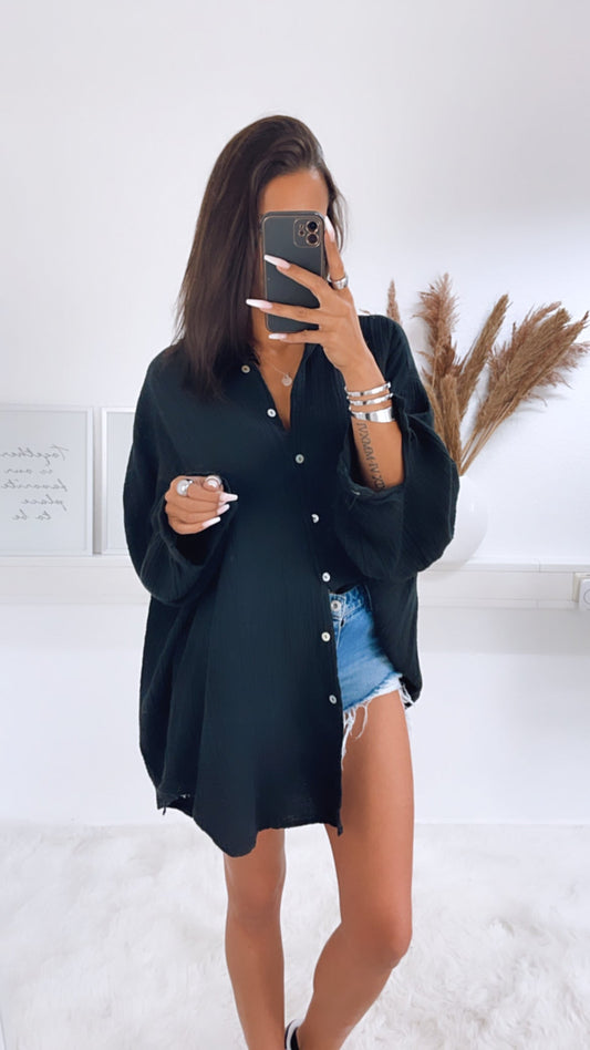 Lange Oversize Musselin Bluse in Schwarz – Zeitlose Eleganz | MUSSELIN LIEBE