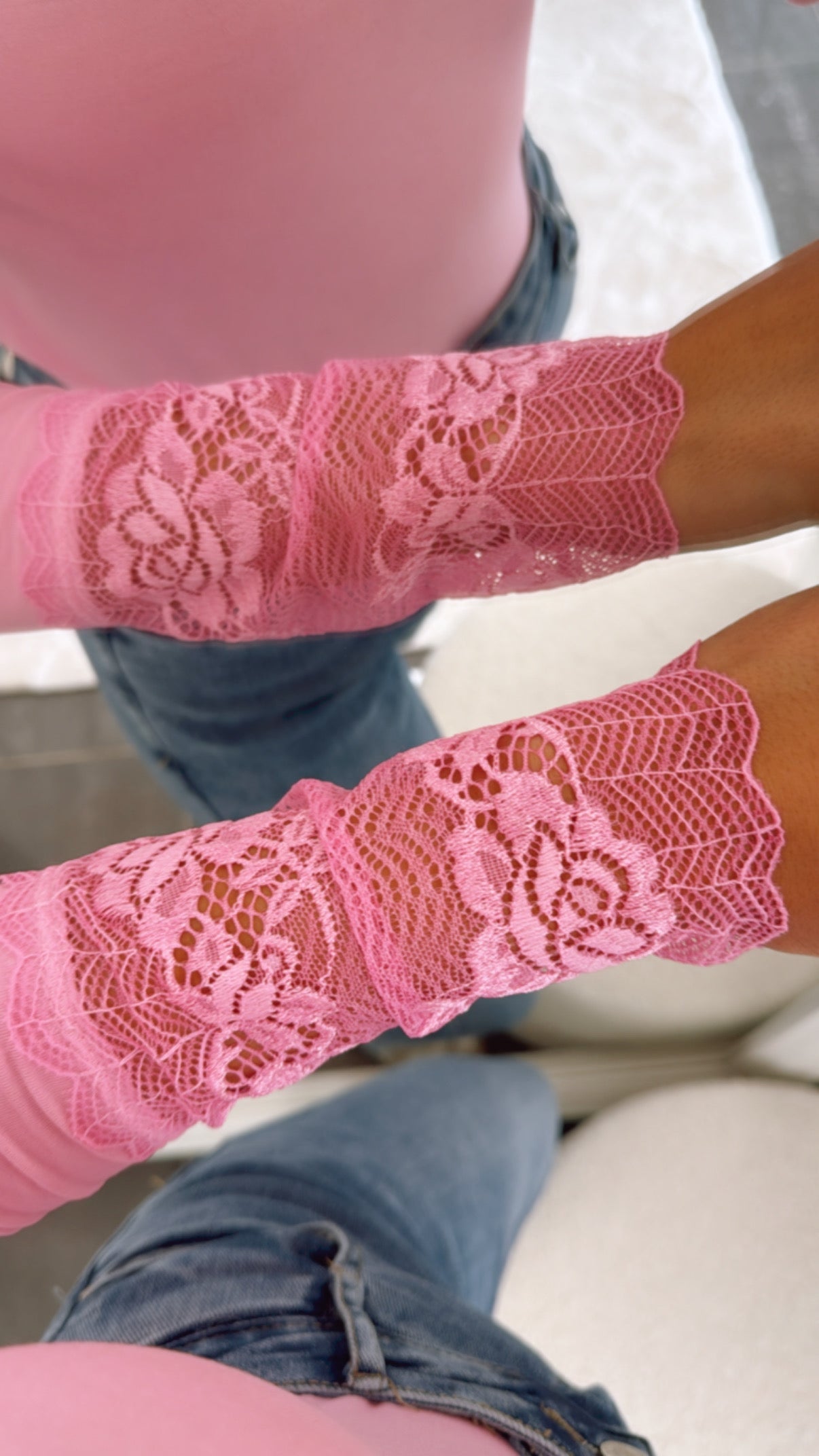 Langarm Oberteil mit Spitzenapplikationen – Pink