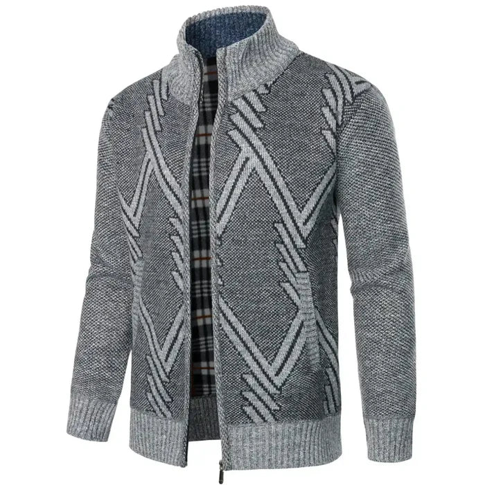 Graue Herren Strickjacke mit Reißverschluss und geometrischem Muster, kariertes Innenfutter