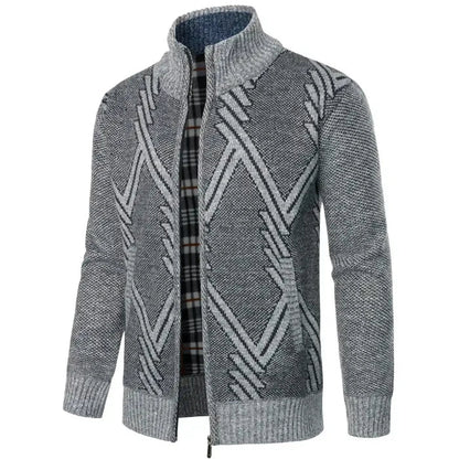 Graue Herren Strickjacke mit Reißverschluss und geometrischem Muster, kariertes Innenfutter