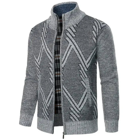 Graue Herren Strickjacke mit Reißverschluss und geometrischem Muster, kariertes Innenfutter