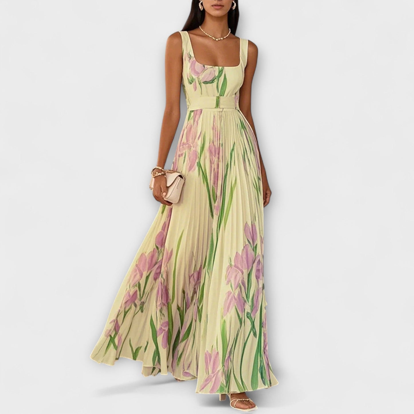 Gefaltetes florales Chiffon Maxikleid