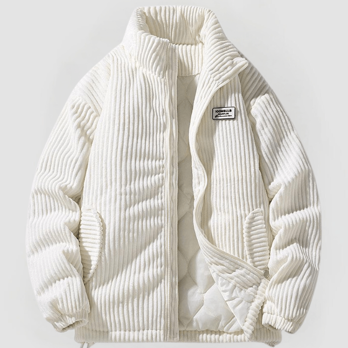 Weiße Cordjacke mit Stehkragen und Reißverschluss, gestepptes Innenfutter, Wintermode