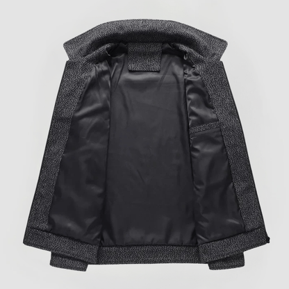 Offene Herren Winterjacke mit schwarzem Innenfutter und grauem Wollstoff, isoliert