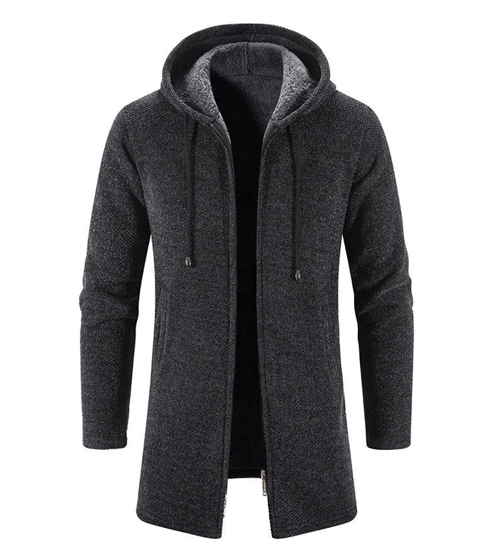 Dunkelgraue Herren Strickjacke mit Kapuze und langen Ärmeln, modische Winterjacke