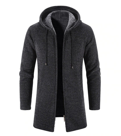 Dunkelgraue Herren Strickjacke mit Kapuze und langen Ärmeln, modische Winterjacke