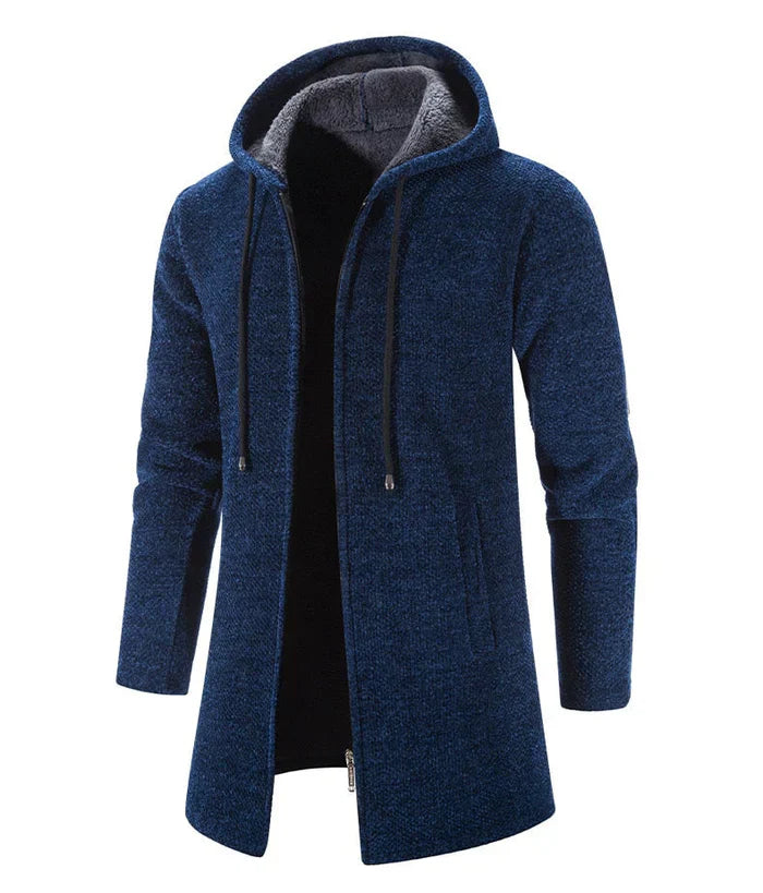 Dunkelblaue Herrenjacke mit Kapuze und Reißverschluss, gefüttert, modern geschnitten