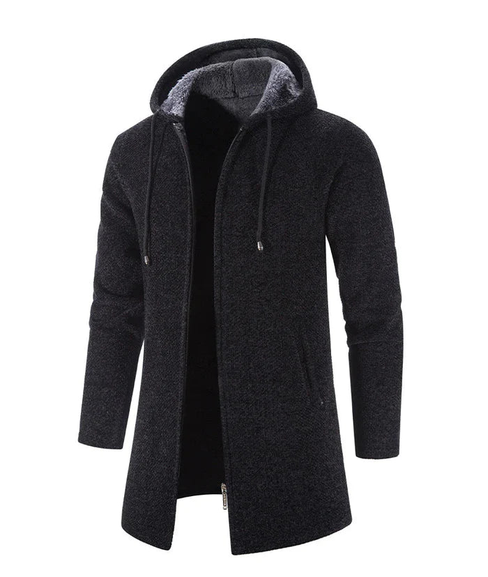 Dunkelgrauer Herrenmantel mit Kapuze und Fleece-Futter, moderne Winterjacke