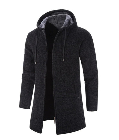 Dunkelgrauer Herrenmantel mit Kapuze und Fleece-Futter, moderne Winterjacke