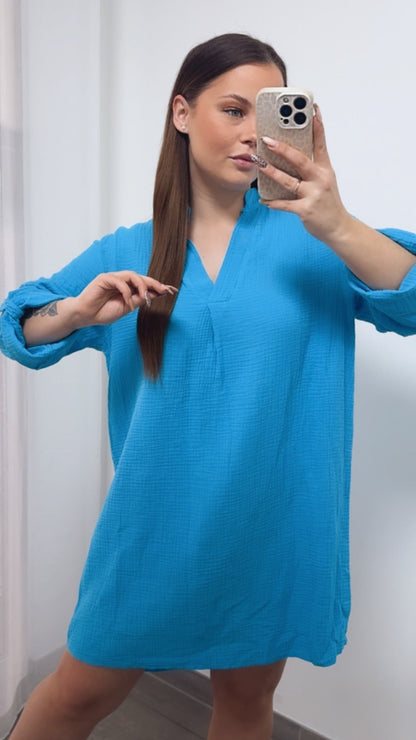 Musselin Blusenkleid mit V-Ausschnitt in Azur Blau – Sommerliche Eleganz | MUSSELIN LIEBE