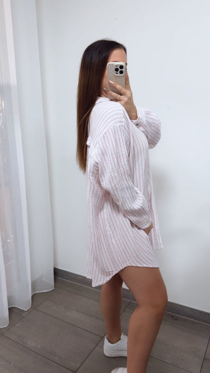 Lange Musselin Bluse mit Streifen in Pink-Weiss – Zeitlose Eleganz | MUSSELIN LIEBE