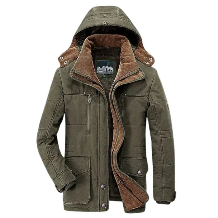 Herren Winterjacke grün mit Kapuze und braunem Innenfutter, Outdoorjacke