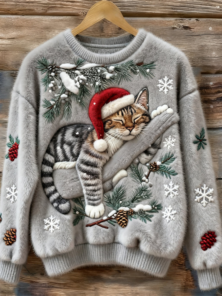 Weihnachtspullover mit Katzenmotiv - Wintertraum Strickpullover für Damen